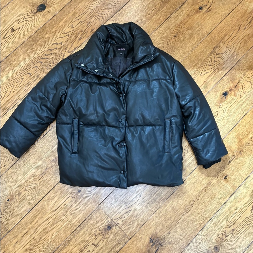 Black Faux Leather Puffer Jacket